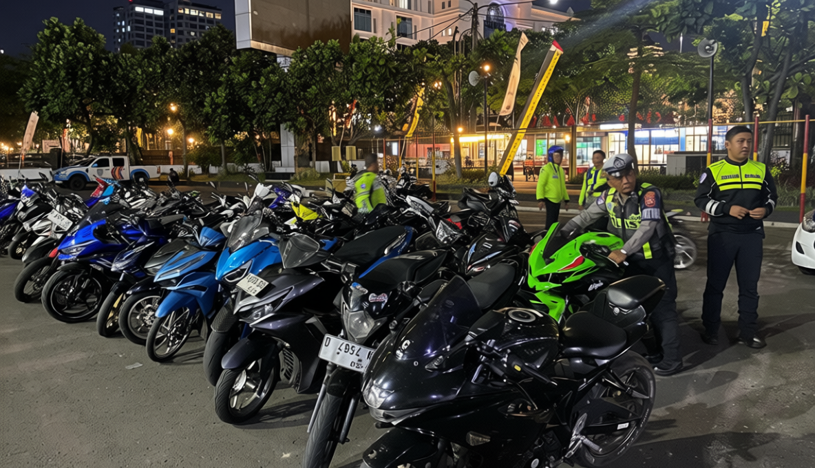 Malam-malam Polisi Angkut Puluhan Sepeda Motor Berknalpot Bising di Bandung